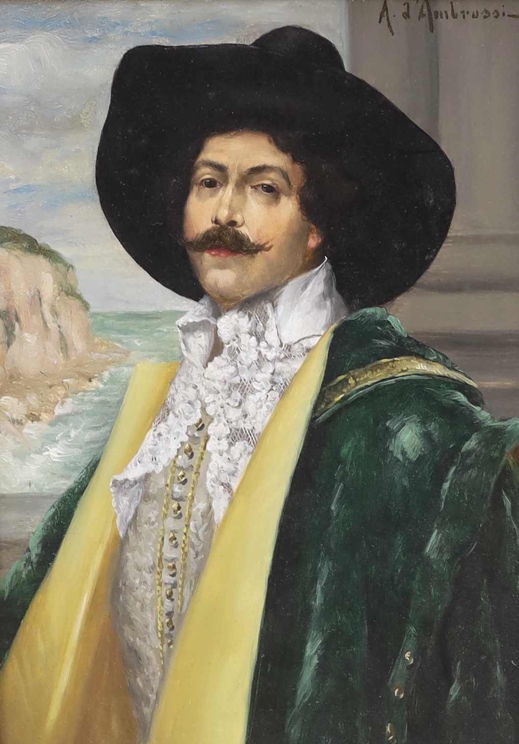 Alexis d’Ambrossi (Italy,19/20C), oil on board, Portrait of a Cavalier before a coastal scene, signed, applied plaque to the frame, 31 x 22cm, ornate gilt framed